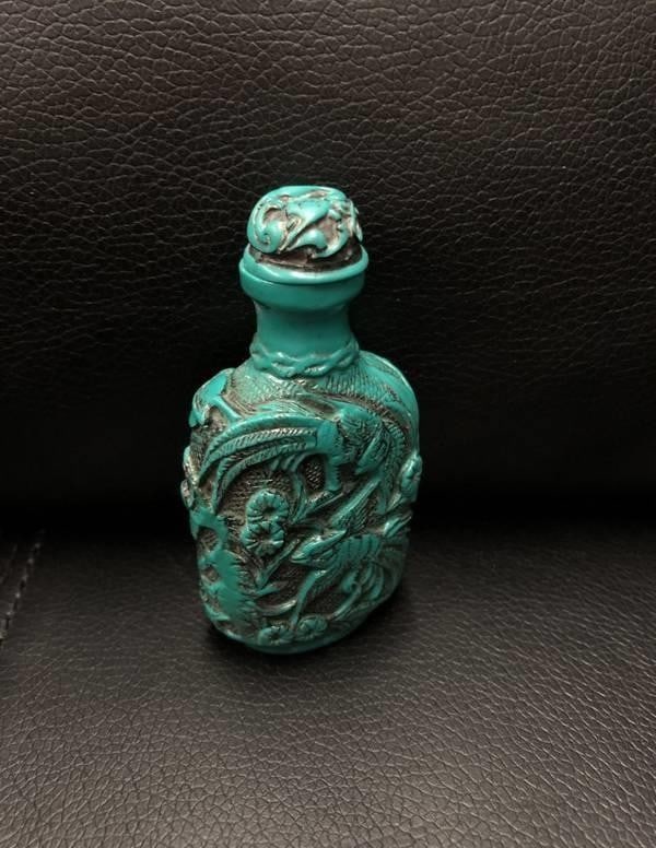 Asian Peacock Carved Turquoise Snuff Bottle (1 of 3)