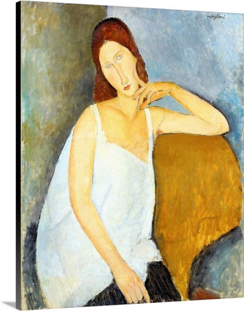 Jeanne Hebuterne by Amedeo Modigliani Canvas Reproduction: Jeanne Hebuterne by Amedeo Modigliani Canvas Reproduction A portrait of Jeanne Hebuterne (1898-1920), depicted in a white chemise. Modigliani painted her in more than twenty works, never in the nude.