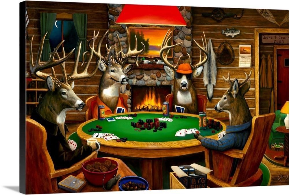 Deer Playing Poker Canvas Reproduction: Deer Playing Poker Canvas Reproduction Large canvas painting depicting four deer seated around a circular table playing poker inside a rustic wooden cabin. The scene blends woodland character with a p