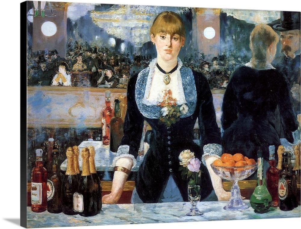 Bar at the Folies-Bergere Canvas Reproduction: Bar at the Folies-Bergere Canvas Reproduction Painting of a waitress standing behind a counter with bottles of alcohol. A large mirror behind her reflects the crowded interior of the Folies-Bergere