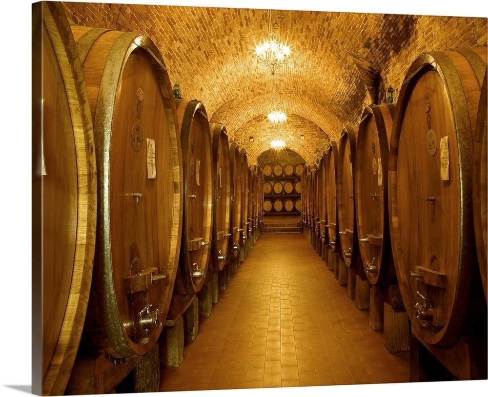 Chianti Classico Canvas Reproduction: Chianti Classico Canvas Reproduction Photographic wall art showing a corridor inside a wine cellar lined with large wooden casks. The perspective view emphasizes depth and atmosphere, capturing the