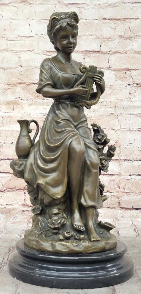 Art Deco Original Bronze Sculpture of Woman with Harp by Milo - 16 ''x 7.5'': Art Deco Original Bronze Sculpture of Woman with Harp by Milo - 16 " x 7.5" This stunning Art Deco bronze sculpture captures the grace and elegance of a woman serenely playing the harp. Created 