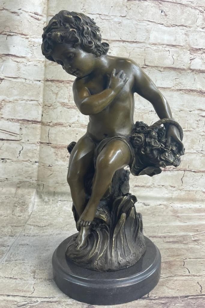 A. Moreau's Inspired Bronze Sculpture: Thoughtful Reflection of Cherub - 13'' x 6'': A. Moreaus Inspired Bronze Sculpture: Thoughtful Reflection of Cherub - 13" x 6" Immerse your space in the timeless beauty of this bronze sculpture by the renowned artist A. Moreau. The cherub, 