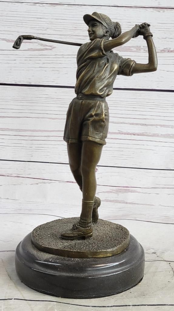 Bronze Golfer Sculpture The Moment of Anticipation by Milo - 10'' x 4'': Bronze Golfer Sculpture The Moment of Anticipation by Milo - 10" x 4" This stunning handmade bronze sculpture captures a golfer in a moment of anticipation as she tilts her head toward the sun, 