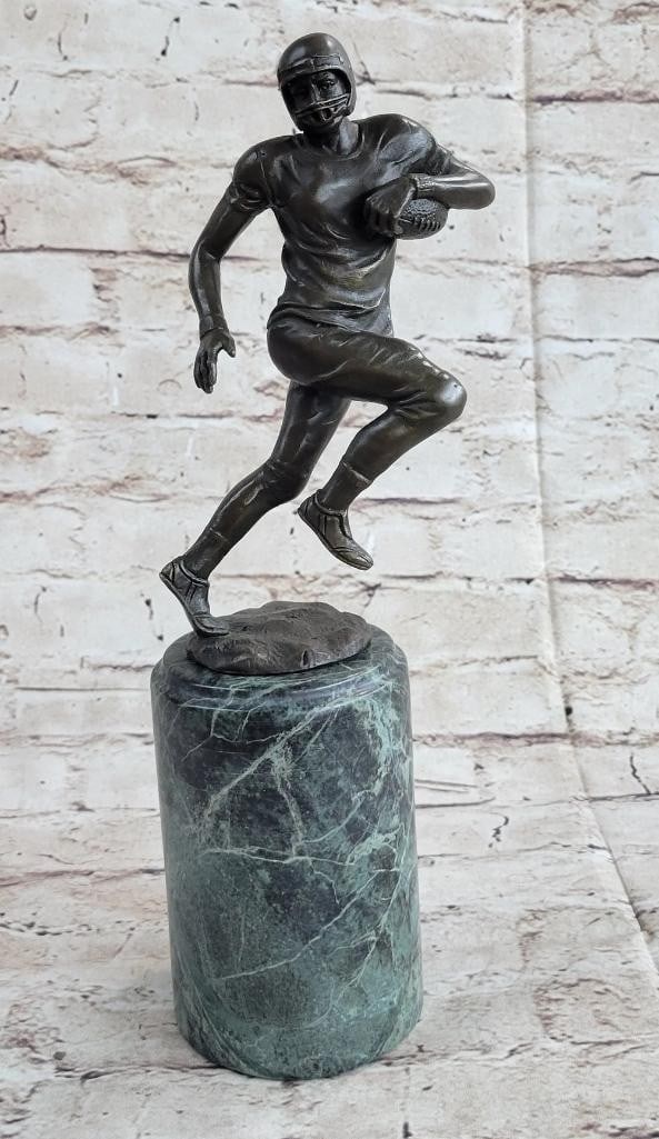 End Zone Glory Bronze Football Player Sculpture by Milo - 12'' x 4'': End Zone Glory Bronze Football Player Sculpture by Milo - 12" x 4" Experience the essence of athleticism and determination with " End Zone Glory," a dynamic bronze sculpture by Milo. This 