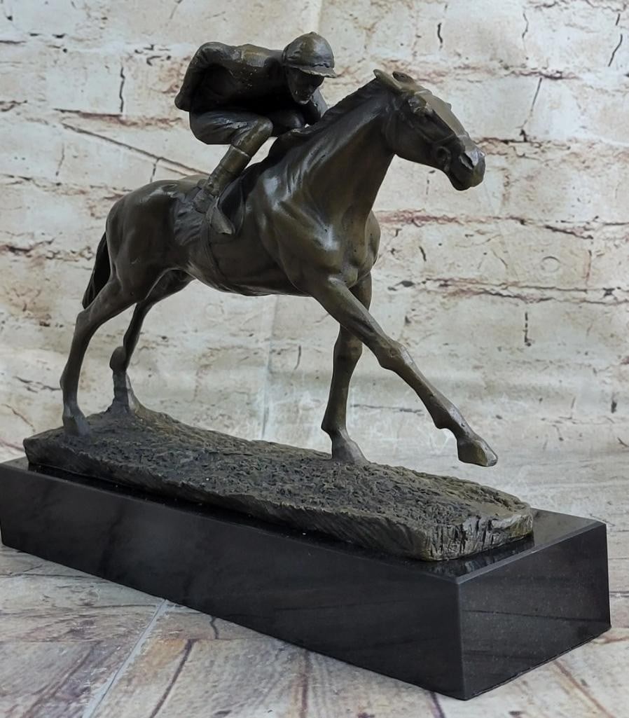Racing Rhapsody Original Bronze Jockey on Horse Sculpture on Marble Base - 9'' x 11.5'': Racing Rhapsody Original Bronze Jockey on Horse Sculpture on Marble Base - 9" x 11.5" Experience the exhilaration of the racetrack with our " Racing Rhapsody" Original Bronze Jockey on Hor