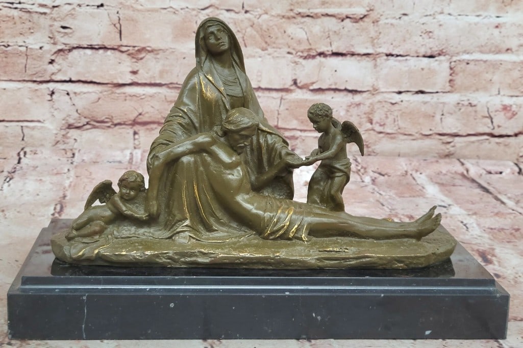 Pieta with Cherubs Original Bronze Sculpture: Pieta with Cherubs Original Bronze Sculpture This poignant bronze sculpture portrays Our Lady of Sorrows mourning over the body of Jesus Christ, capturing a moment of deep spiritual and emotional reso