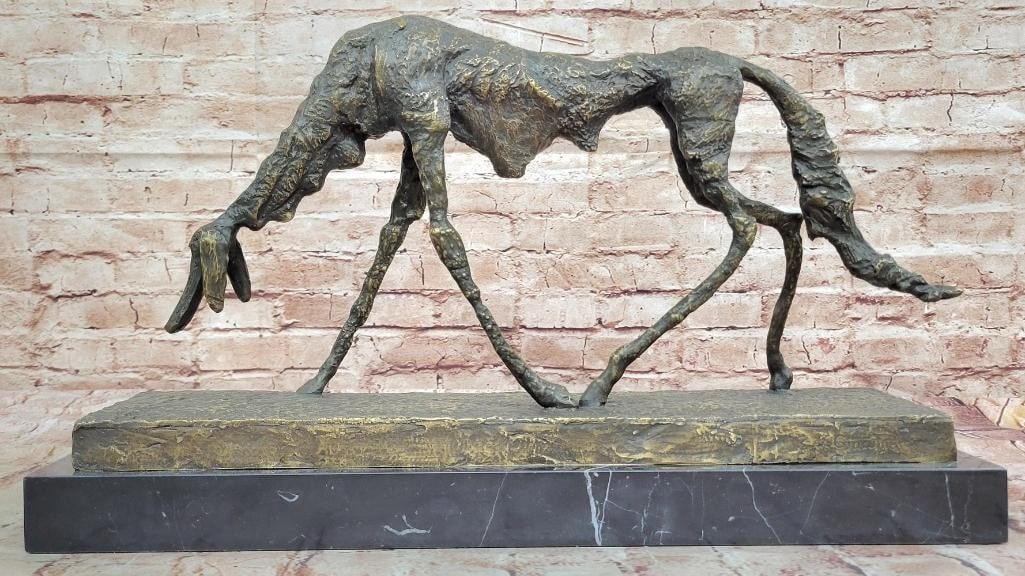 Giacometti-Inspired Abstract Bronze Dog Sculpture - 12'' x 21'': Giacometti-Inspired Abstract Bronze Dog Sculpture - 12" x 21" Inspired by Giacometti's distinctive style, this abstract bronze dog sculpture embodies movement and form with expressive artistry. 