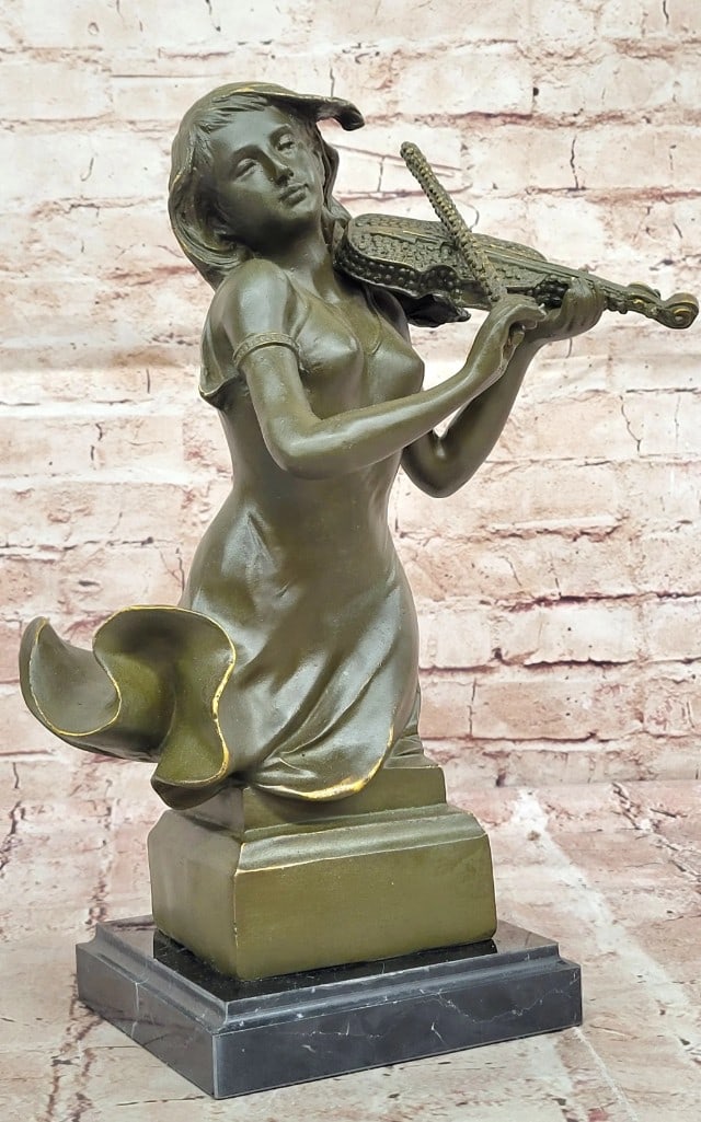 Performing Female Violinist Original Bronze Sculpture - 14'' x 8'': Performing Female Violinist Original Bronze Sculpture - 14" x 8" This graceful bronze sculpture by Jean Patoue captures the poise and focus of a young girl playing the violin, celebrating youthf