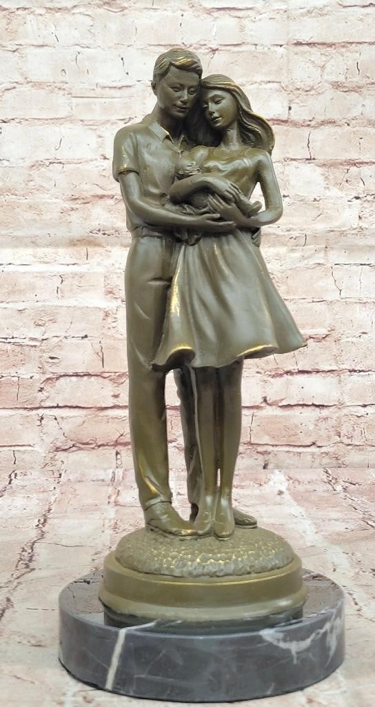 Bronze Family Embrace Sculpture by Milo - New Parents with Infant on Marble Base - 13'' x 6'': Bronze Family Embrace Sculpture by Milo - New Parents with Infant on Marble Base - 13" x 6" This exquisite bronze sculpture by Milo captures the intimate moment of new parenthood, depicting a