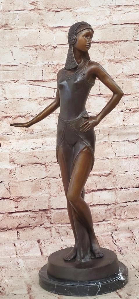 Art Deco Bronze Dancer Statue on Marble Base - 21.5'' x 10'': Art Deco Bronze Dancer Statue on Marble Base - 21.5" x 10" Reproduction bronze sculpture inspired by Demetre Chiparus, depicting a female dancer in an expressive Art Deco style. The figure is