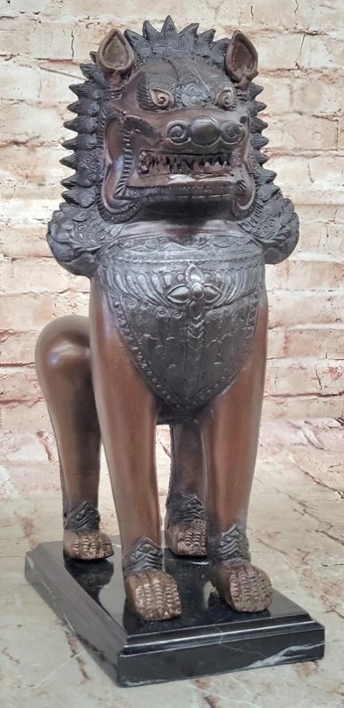 Bronze Foo Dog Guardian Statue on Marble Base - 14'' x 7'': Bronze Foo Dog Guardian Statue on Marble Base - 14" x 7" Original bronze sculpture depicting a Foo Dog guardian lion inspired by the Rattanakosin period of Thailand. Crafted using the lost wax m