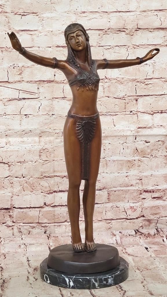 Chiparus Bronze Sculpture of Egyptian Dancer Woman with Outstretched Arms - 21'' x 15'': Chiparus Bronze Sculpture of Egyptian Dancer Woman with Outstretched Arms - 21" x 15" Reproduction bronze sculpture inspired by Demetre Chiparus, depicting an Egyptian dancer in a dynamic pose