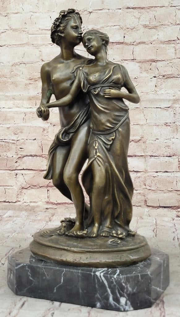 Art Nouveau Romantic Couple Original Bronze Statue - 15'' x 8'': Art Nouveau Romantic Couple Original Bronze Statue - 15" x 8" This captivating bronze sculpture portrays a tender moment between two lovers. The young woman, hurt by her love, hesitantly offers 