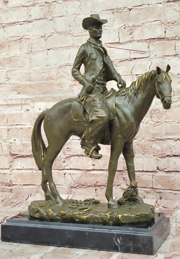 Western Cowboy on Horseback Bronze Sculpture Inspired by Frederic Remington - 15.5'' x 10.5'' (1 of 6)