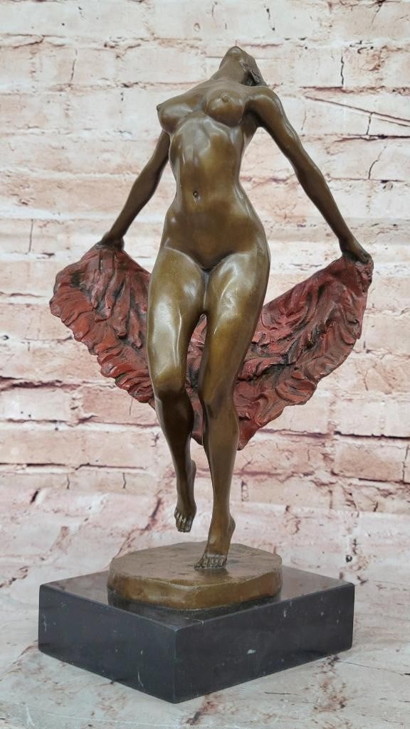 Signed Original Bronze Sculpture - Graceful Nude Female Dancer with Sash by P. Delor - 15'' x 9'': Signed Original Bronze Sculpture - Graceful Nude Female Dancer with Sash by P. Delor - 15" x 9" Celebrate the dynamic beauty of the female form in motion with this striking bronze sculpture, por
