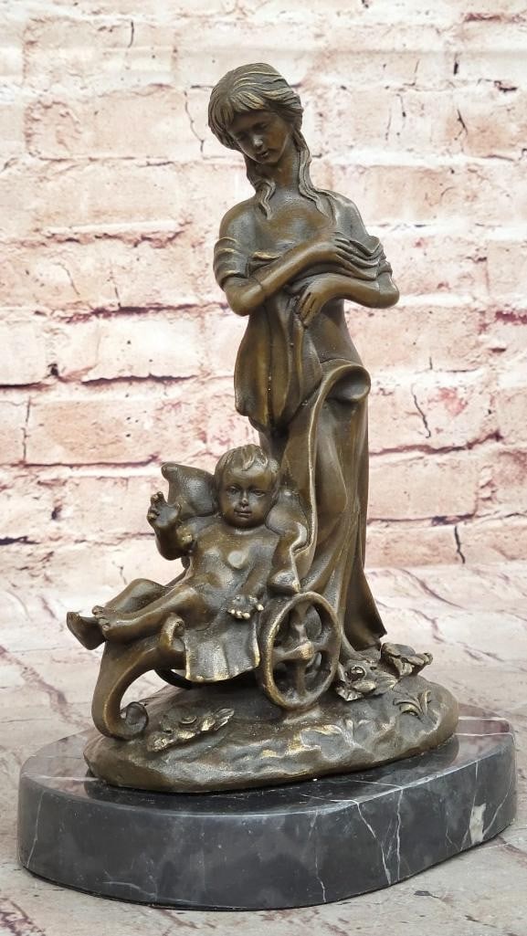 Mother with Child in Stroller Original Bronze Statue - 10.5'' x 6.5'': Mother with Child in Stroller Original Bronze Statue - 10.5" x 6.5" This beautiful tabletop sculpture of a Mother & Child by renowned artist Milo captures a tender moment between a mother and he