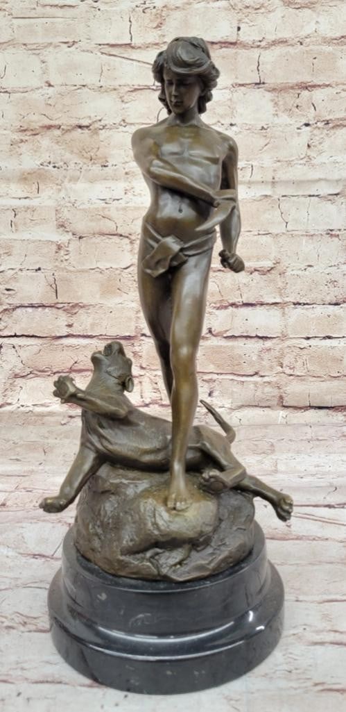 Nude Warrior Battling Lion Inspired Bronze Sculpture by Loys Potet - 14'' x 7'': Nude Warrior Battling Lion Inspired Bronze Sculpture by Loys Potet - 14" x 7" Elevate your space with the timeless majesty of the " Nude Warrior Battling Lion" bronze sculpture, a masterfu