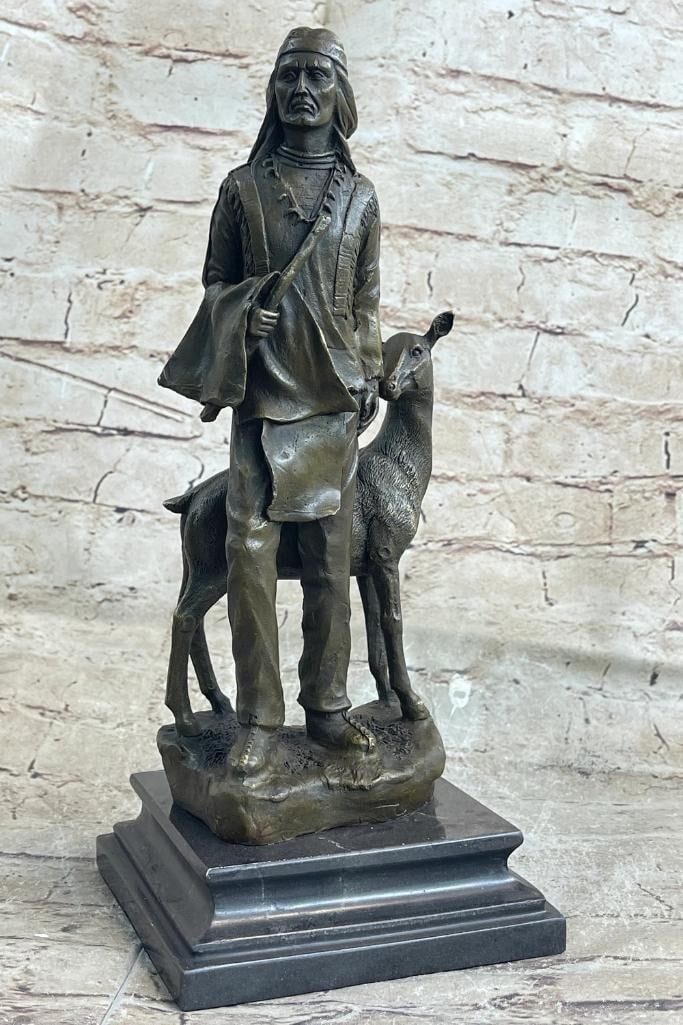 Native American Man Standing with Dear Original Bronze Statue - 12'' x 5'': Native American Man Standing with Dear Original Bronze Statue - 12" x 5" Step into Native American spirituality with this captivating bronze sculpture of a warrior walking alongside a deer. The 
