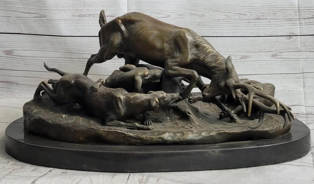 Barye Inspired Wild Dog Pack Hunting Elk Bronze Sculpture - 10'' x 20'': Barye Inspired Wild Dog Pack Hunting Elk Bronze Sculpture - 10" x 20" A brave elk is forced to defend himself against a pack of wild dogs eager to tear him to shreds. The canines have the elk su