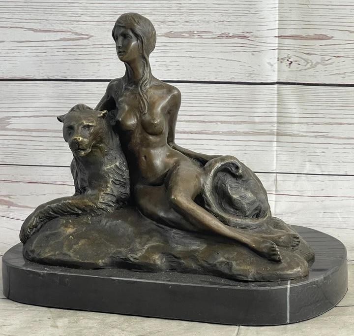 Aldo Vitaleh's Sensual Harmony Bronze Sculpture of a Seated Nude Woman and Panther - 9.5'' x 10.5'': Aldo Vitalehs Sensual Harmony Bronze Sculpture of a Seated Nude Woman and Panther - 9.5" x 10.5" Presenting a breathtaking bronze sculpture that skillfully captures the delicate interplay betwee