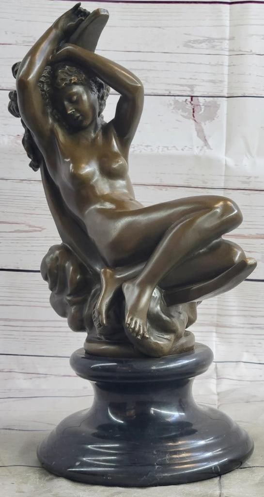 Moonlit Elegance: 'Diana on A Crescent Moon' S. Denecheau Inspired Bronze Sculpture - 14'' x 10'': Moonlit Elegance: Diana on A Crescent Moon S. Denecheau Inspired Bronze Sculpture - 14" x 10" This remarkable bronze sculpture, proudly bearing the signature of S. Denechau, stands as a testamen