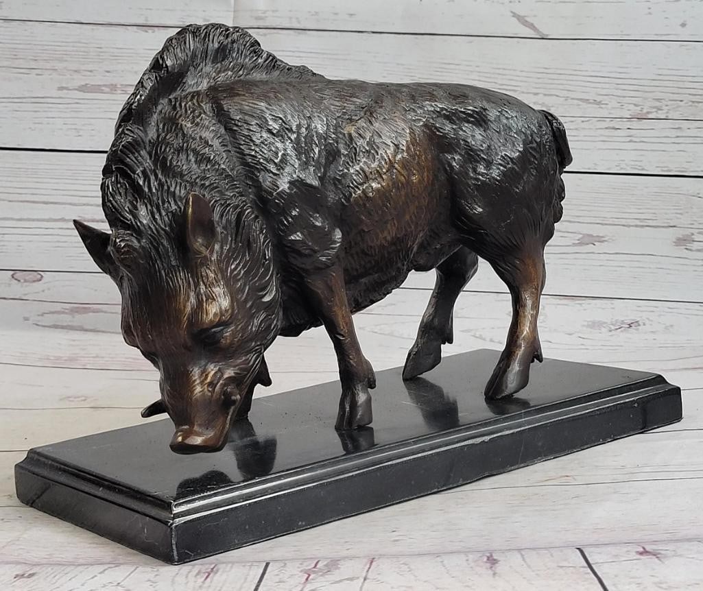 J. Moigniez Inspired Wild Boar Bronze Sculpture on Marble Base - 9.5'' x 12'': J. Moigniez Inspired Wild Boar Bronze Sculpture on Marble Base - 9.5" x 12" The wild boar looks out at the beholder free and defiant coming out of the forests edge to forage for food in the late
