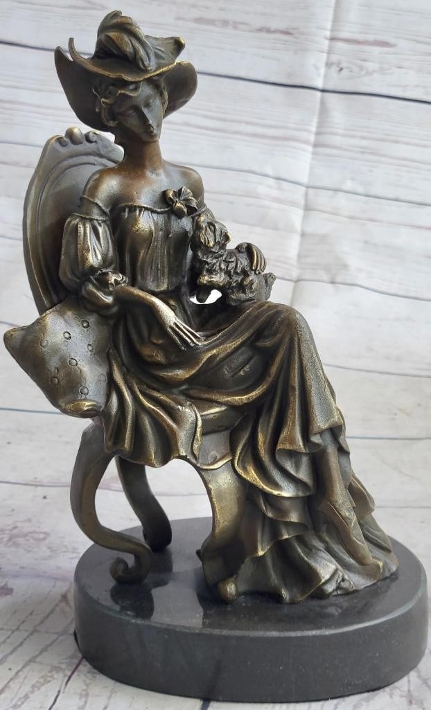 Victorian Woman with Dog Original Bronze Sculpture by Fisher - 10'' x 6'': Victorian Woman with Dog Original Bronze Sculpture by Fisher - 10" x 6" This captivating bronze sculpture by Fisher beautifully captures a scene from the Victorian era, depicting a middle-aged w