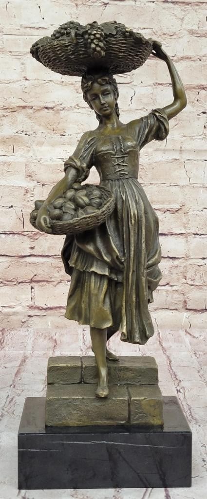 Maiden With Fruit Basket Original Bronze Sculpture Signed by Cesaro - 15.5'' x 6'': Maiden With Fruit Basket Original Bronze Sculpture Signed by Cesaro - 15.5" x 6" Experience the beauty of original artwork with the meticulously crafted Maiden With Fruit Basket sculpture by Ces