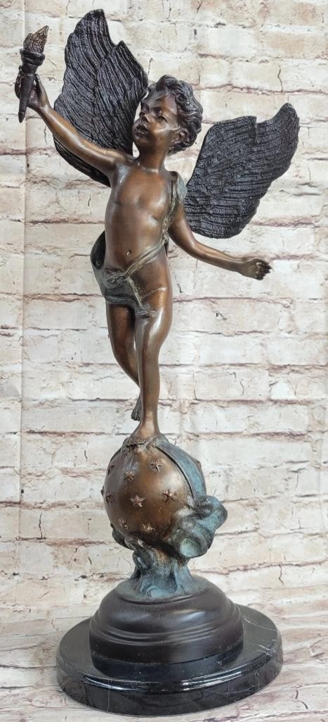 Moreau Inspired Cherub Cupid Holding Torch Bronze Sculpture On Marble Base - 24'' x 12'': Moreau Inspired Cherub Cupid Holding Torch Bronze Sculpture - 24" x 12" Immerse yourself in the enchanting world of love with this exquisite bronze sculpture titled " Cherubs Arrow of Love.&#