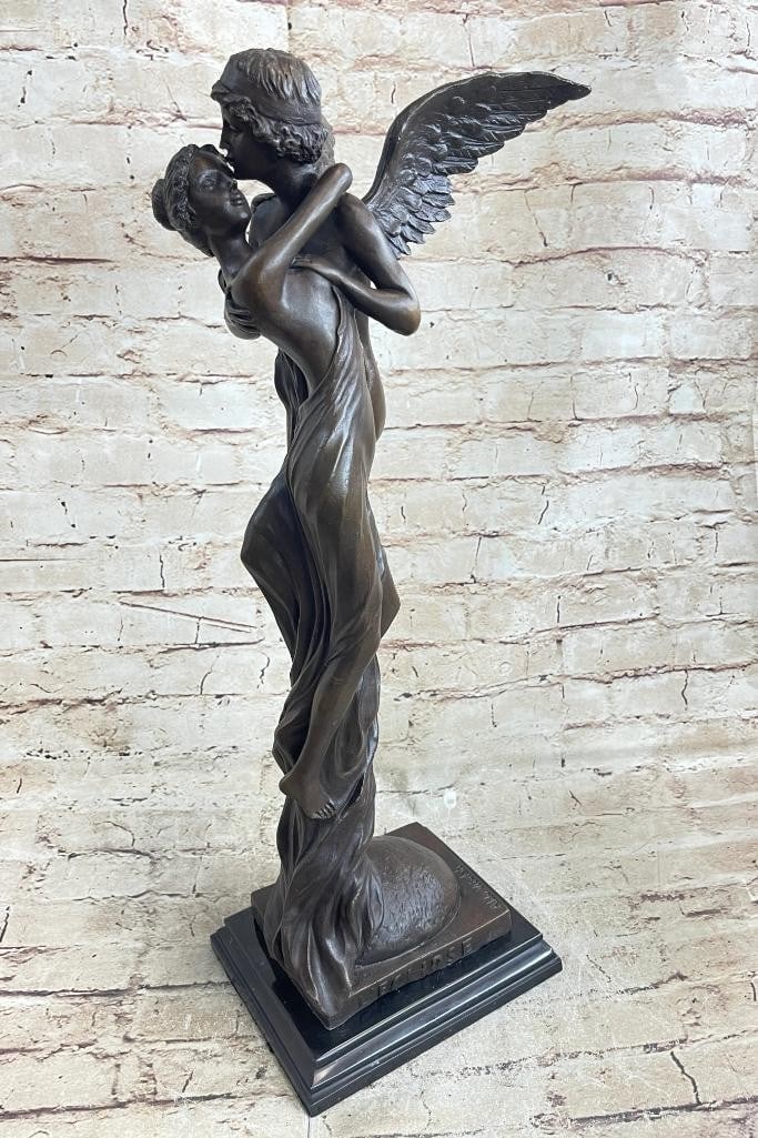 Signed Original Loving Angel Couple Bronze Sculpture On Marble Base - 21'' x 7'': Signed Original Loving Angel Couple Bronze Sculpture - 21" x 7" Lost In A Moment Of Serenity And Grace This Couple Forgets The Worlds And Gets Swept Up In The Winds Of Love And Lets An Uncontrol