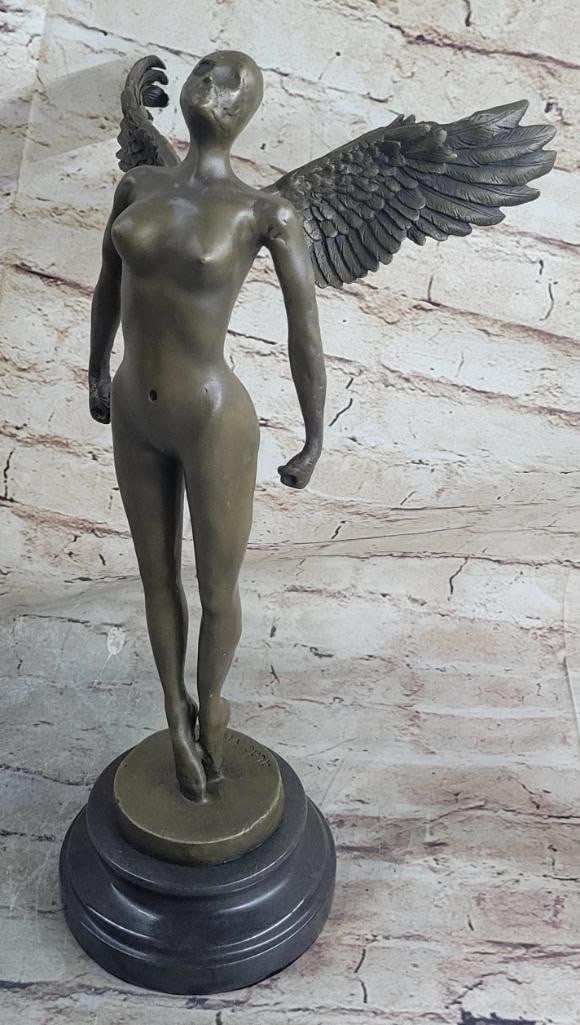 Signed Original Powerful Angel Bronze Sculpture On Marble Base - 16'' x 9'': Signed Original Powerful Angel Bronze Sculpture On Marble Base - 16" x 9" An angel is flying up to her god. Her hands are held tightly in fists to power her flight upwards. Her wings wide wings 