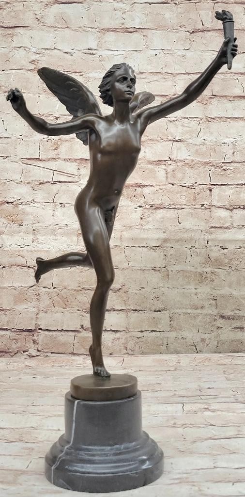 Dumont Inspired Winged Fairy Holding Torch Bronze Sculpture On Marble Base - 17'' x 9'': Dumont Inspired Winged Fairy Holding Torch Bronze Sculpture - 17" x 9" his beautiful Bronze figure of a fairy, The winged fairy balanced on an orb on an round black marble base and raising a tor