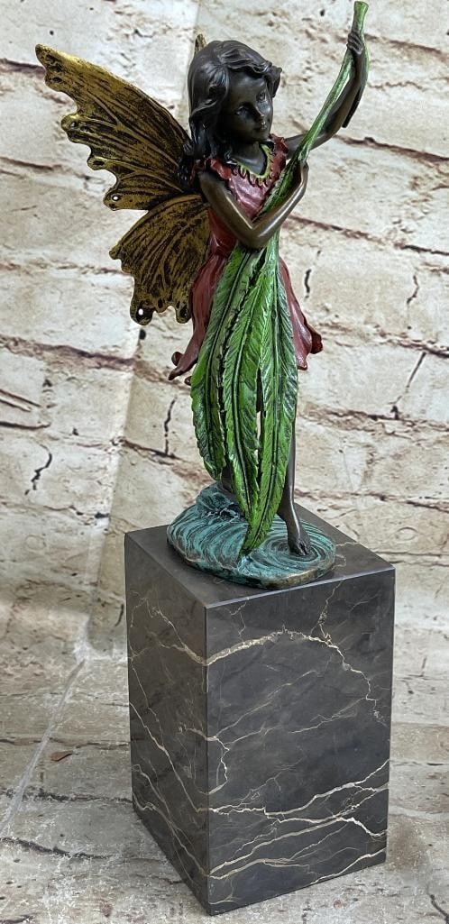 Original Painted Baby Fairy Book End Figurine Sculpture - 8lbs: Embrace the enchanting world of fantasy with this exquisite Butterfly Angel Nymph Fairy bronze statue. Standing gracefully in the midst of serene waters, she emanates an aura of elegance and ethereal 