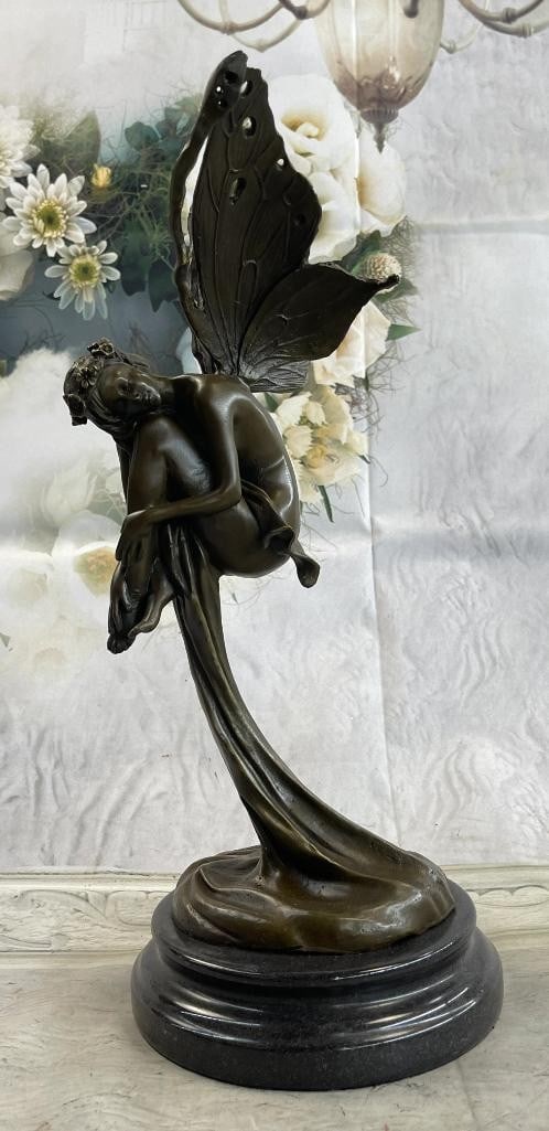 Signed Original Sleeping Winged Fairy Bronze Sculpture On Marble Base - 15.5'' x 6'': Signed Original Sleeping Winged Fairy Bronze Sculpture - 15.5" x 6" A Fairy Flies from Heaven. She hails from from the heavens and fights for the salvation of our world as well as his from darkn