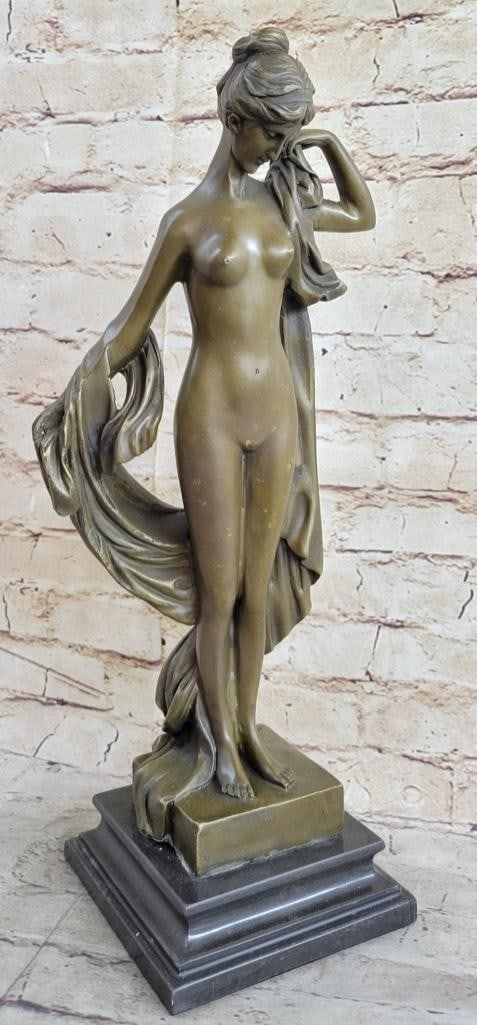 Original Sweet and Demure Nude Woman Bronze Sculpture: Original Sweet and Demure Nude Woman Bronze Sculpture Sweet And Demure The Woman Stands In The Nude. Her Hair Is Swept Up In An Elegant Bun. A Long, Thick Cloth Hangs On Her Arm And Swerves Up To