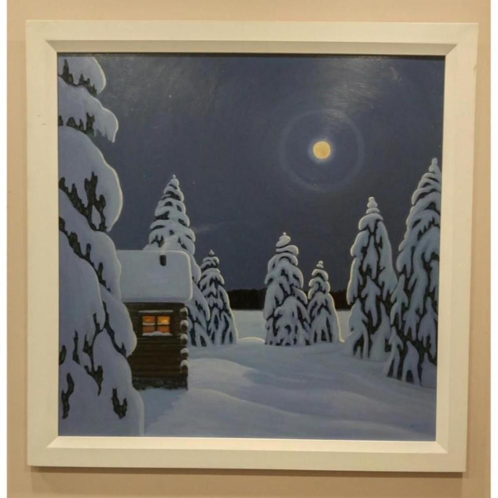 Original Norman Brown 36''x 36'' - ''Ring Around The Moon'' Oil On Panel: An Original Norman Brown 36''x 36'' ''Ring Around The Moon'' Framed Oil On Panel. This Large Original Painting Has Depth and Detail In A Country Winter Scene. Excellence is Noticed In The Execution of
