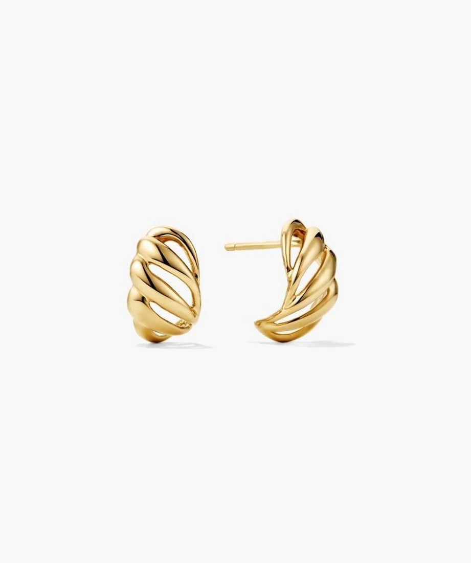 Textured 18k Gold Vermeil Huggie Earrings: Textured 18k Gold Vermeil Huggie Earrings A contemporary twist on a classic design, these huggie earrings feature asymmetrical lines and open spaces for a subtle yet striking look. Crafted in 18k