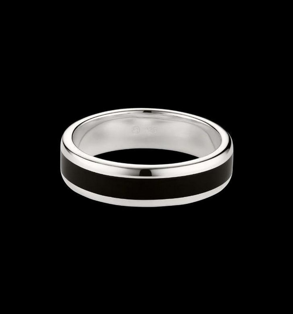 Sterling Silver Black Enamel Band Ring: Sterling Silver Black Enamel Band Ring Minimalism with magnitude. This slim sterling silver band features a striking black enamel stripe, offering sleek contrast without any excess. Hypoallergenic,
