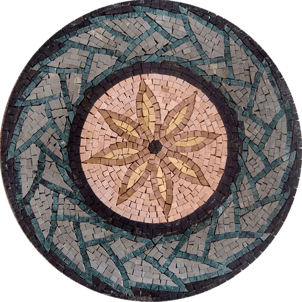 8 Petals Geometric Flower Mosaic Medallion: 8 Petals Geometric Flower Mosaic Medallion A handcrafted mosaic medallion featuring an elegant 8-petal geometric flower design. Made from 100% natural stone tiles, each piece is meticulously