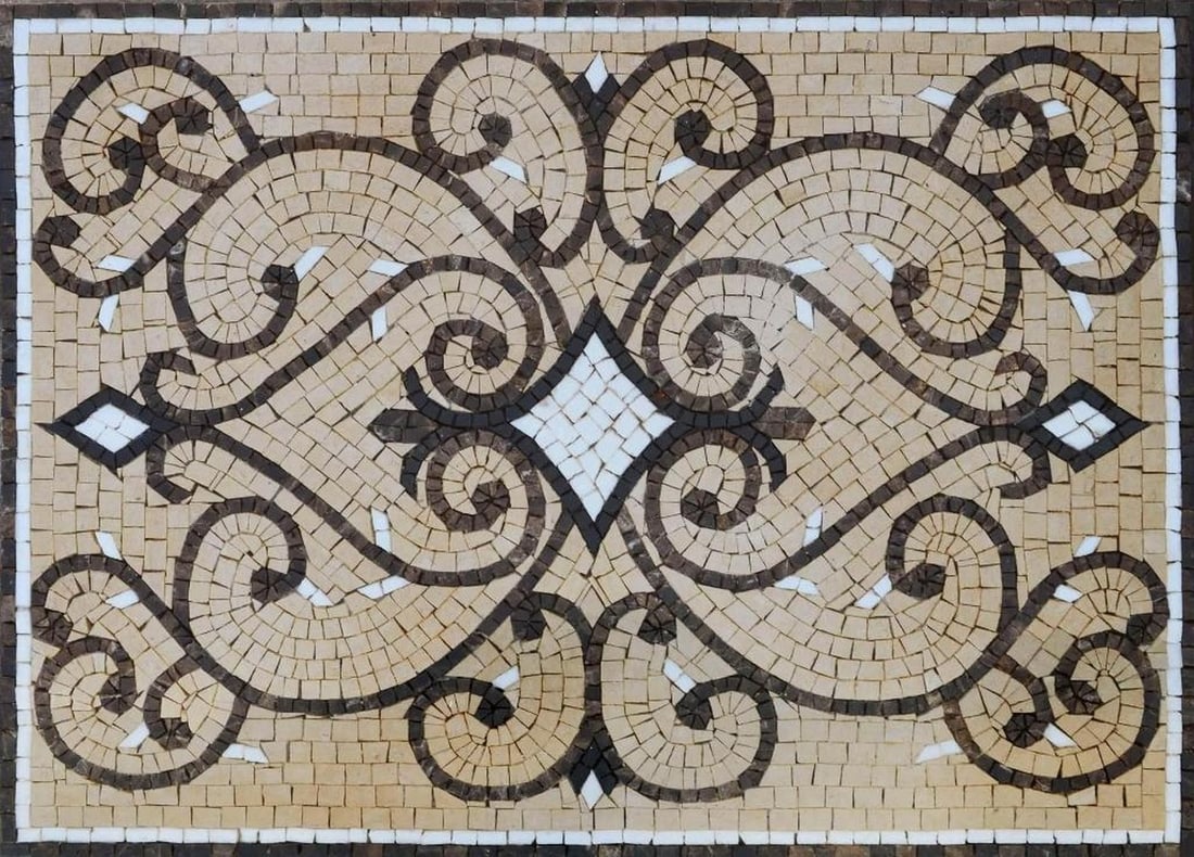 Verra Marble Mosaic Rug Tile: Verra Marble Mosaic Rug Tile A handcrafted rectangular mosaic made from natural marble stones. This design features a rug-inspired pattern with vibrant colors, mounted on a mesh backing. Suitable for 