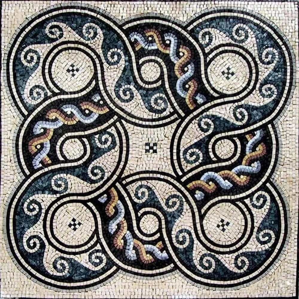 Romanesque Floral Marble Mosaic - August: Romanesque Floral Marble Mosaic - August A handcrafted square mosaic made from natural marble. This design features a Romanesque motif with intricate waves and guilloche patterns, combining classical