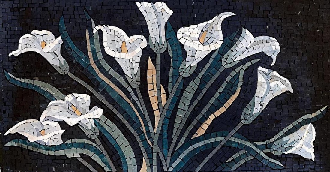 Floral Harmony Marble Mosaic Lily Panel: Floral Harmony Marble Mosaic Lily Panel A handcrafted rectangular mosaic made from natural marble stones. This design features a lily motif with delicate, detailed petals, mounted on a mesh backing. S