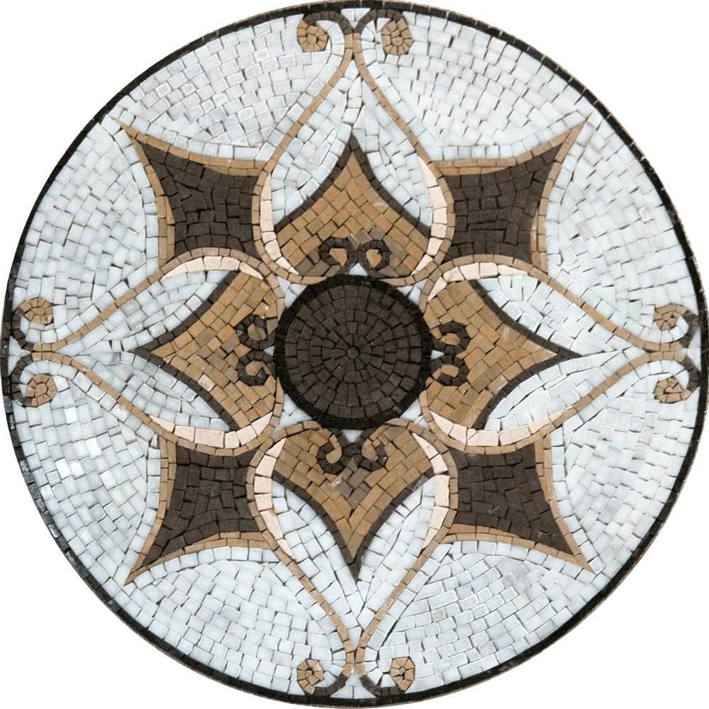 Arabesque Medallion Mosaic Tile: Arabesque Medallion Mosaic Tile A handcrafted mosaic made from natural stone, featuring an intricate arabesque medallion design. The piece showcases detailed patterns created by carefully cutting and