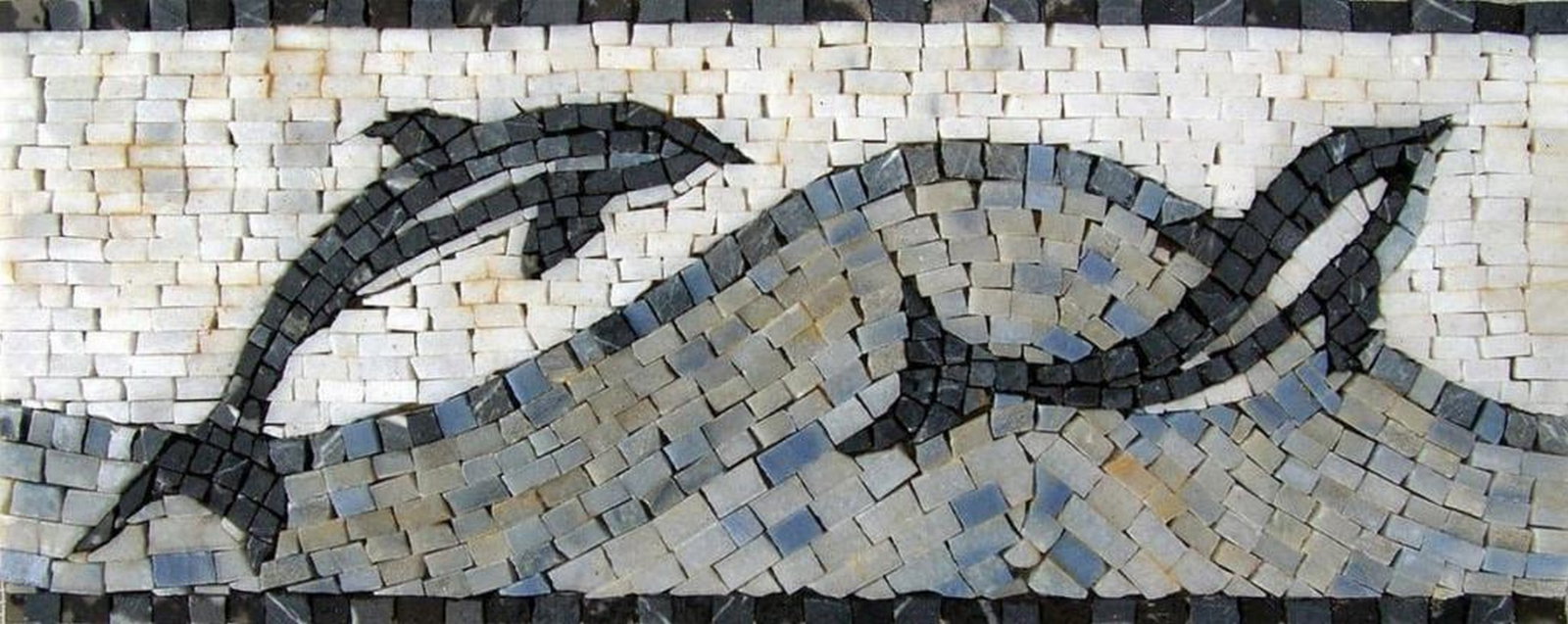 Playful Dolphins Nautical Mosaic Border: Playful Dolphins Nautical Mosaic Border A handcrafted mosaic made from natural stone, featuring a nautical-themed design with dolphins and ocean motifs. The border combines detailed tile work with