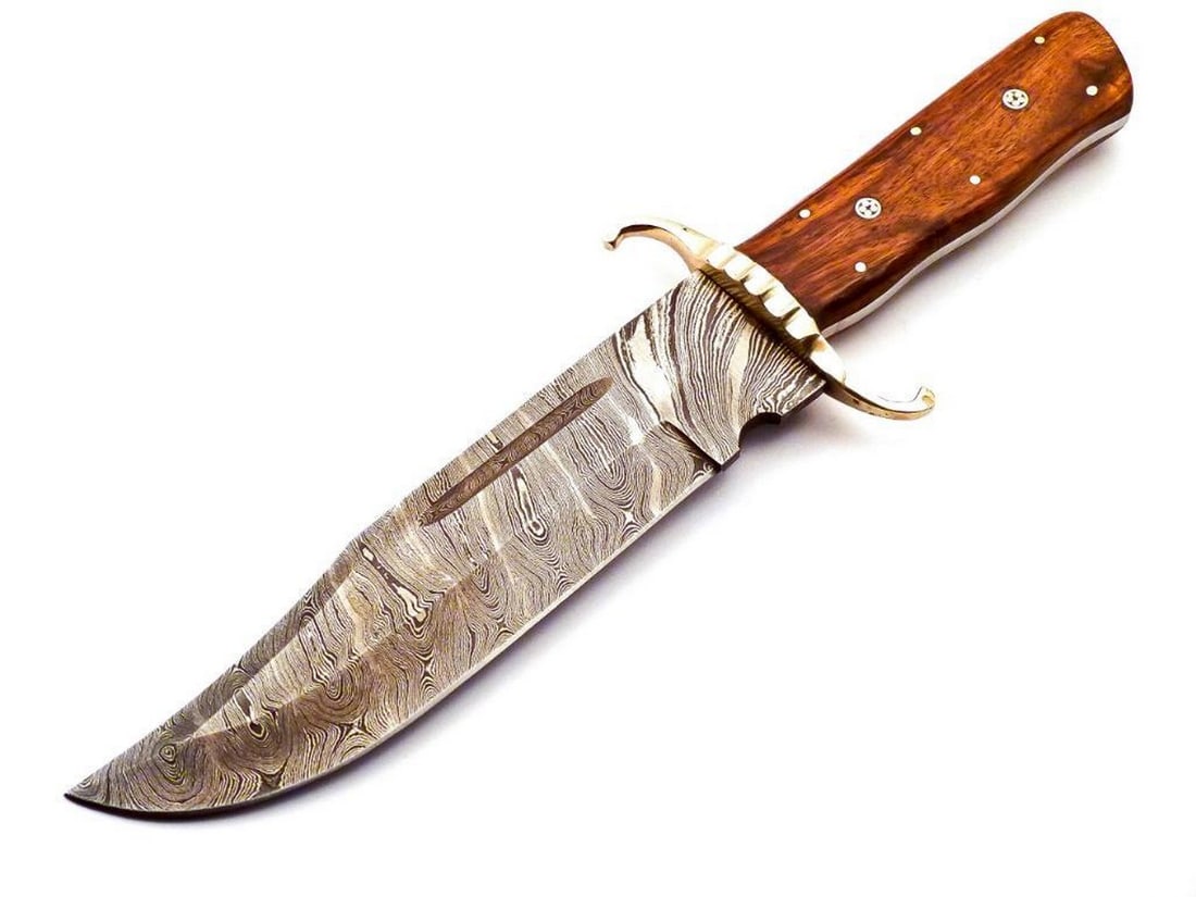 Brass "S Guard" Wood Handled Damascus Bowie Hunting Knife: Brass "S Guard" Wood Handled Damascus Bowie Hunting Knife Damascus Steel Blade with 256 Layers. HARDNESS 56-60 H R C View Photos For Further Details.