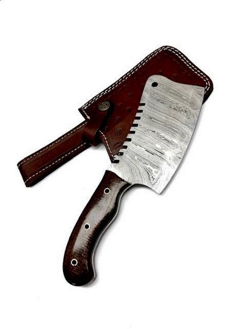 11" *STUNNING* Damascus Cleaver: 11" *STUNNING* Damascus Cleaver For Auction Is A Stunning Handmade 11" Damascus Cleaver *With Hand Crafted & Hand Stitched Leather Sheath Each blade is created Using 256 Layers Of 1095 and 15N