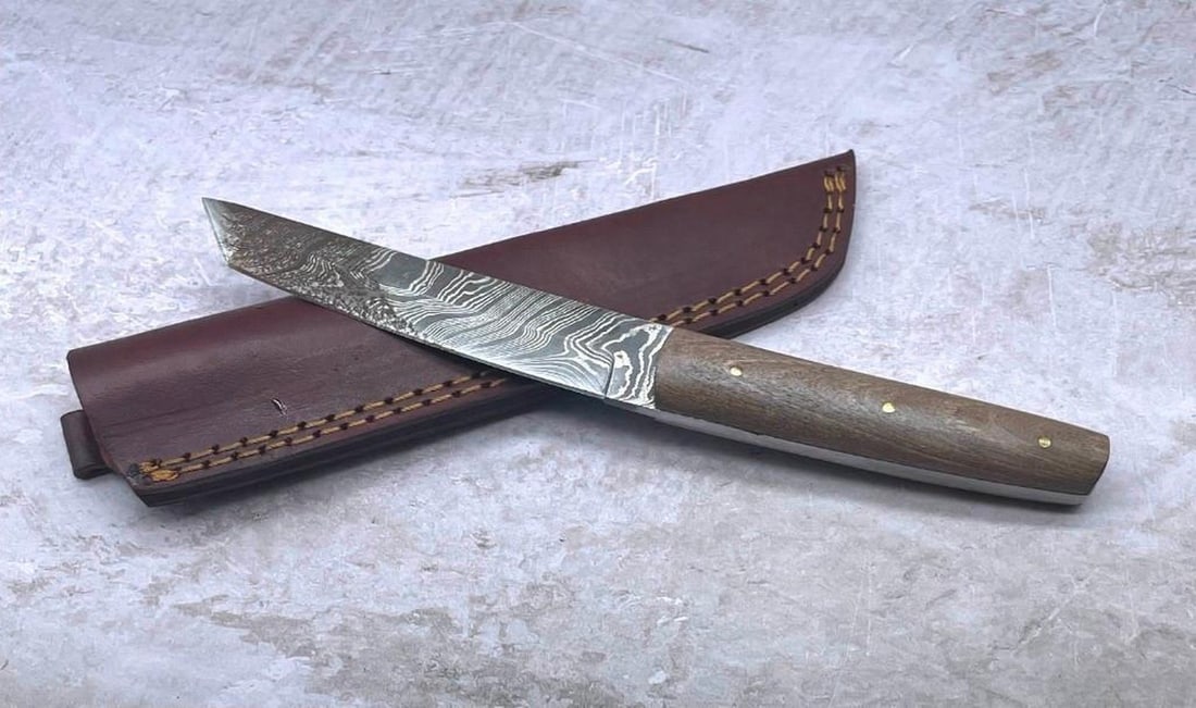 9" Inlaid Bone Handle Damascus Shive With Stitched Leather Sheath: 9" Inlaid Bone Handle Damascus Shive With Stitched Leather Sheath. An Excellent Hand Crafted Shive To Add To Any Collection. High Quality steel is utilized to forge the finest product in the world