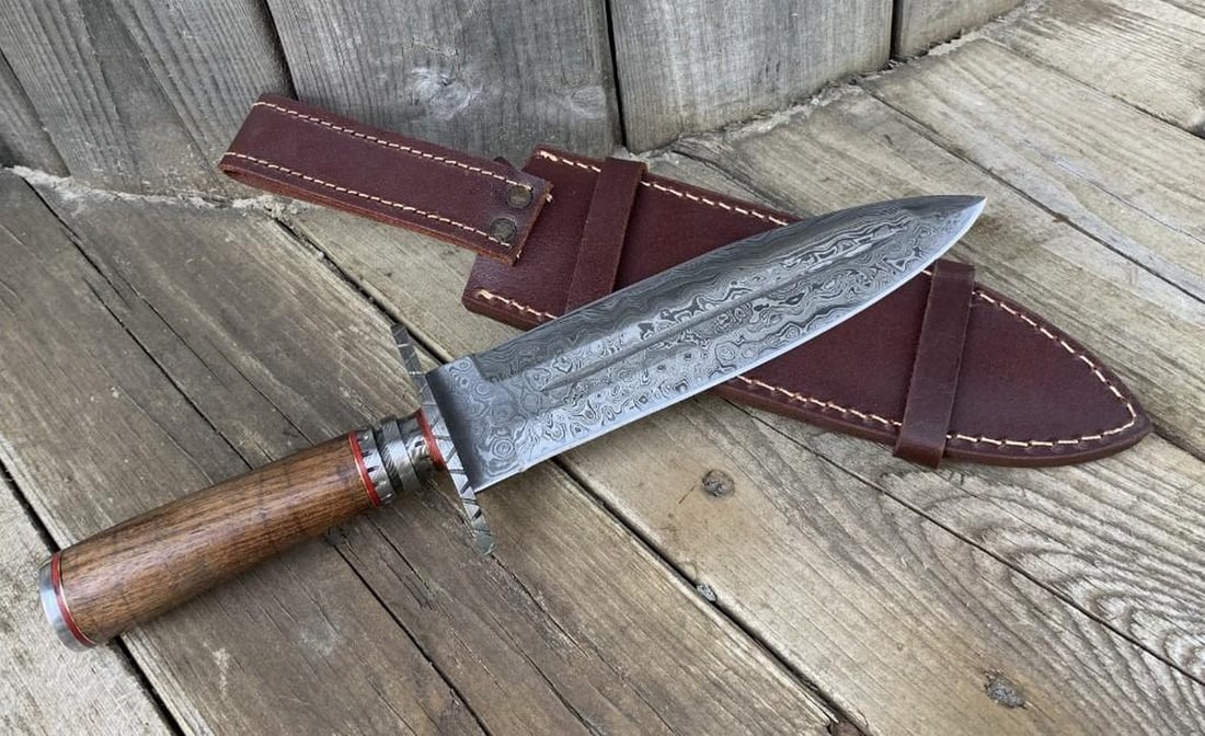 The Northern Boundary Damascus Dagger: Custom Handmade Damascus Steel Dagger Hunting Dagger Knife Handle Walnut Wood with Brass Spacer Damascus Steel Blade with 256 Layers on it. HARDNESS 56-60 H R C VERY HIGH QUALITY GENUINE LEATHER