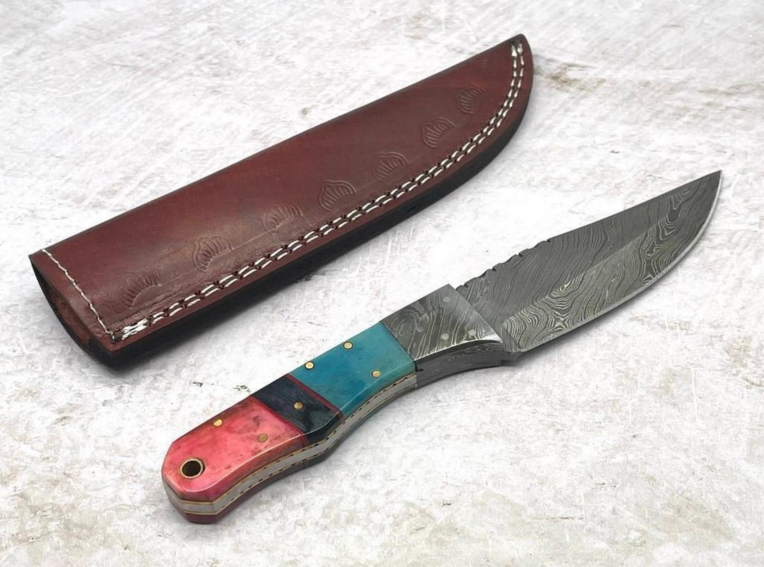 9" Straight Back Damascus Blade: For Auction Is A Stunning Handmade 9" Damascus Straight Back Blade *With Hand Crafted & Hand Stitched Leather Sheath Each blade is created Using 256 Layers Of 1095 and 15N20 High Carbon